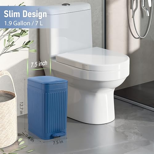 Image of rejomiik Small Bathroom Trash Can with Lid Slim Soft Close Garbage Can Step Wastebasket Container Trash Bin for Office Bedroom Kitchen Living Room 1.9 Gallon, Navy Blue