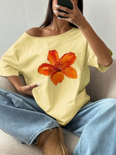 Image of SXV STYLE Women's Off Shoulder Top, Yellow, Orange Floral Print, 3 /4 Sleeve, Casual Loose Fit