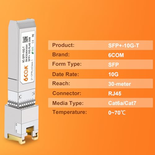 Image of 10GBase-T SFP+ Copper RJ45 Module Transceiver, RJ-45 SFP+ CAT.6a, up to 30 Meters, Compatible for Cisco SFP-10G-T-S, Ubiquiti UF-RJ45-10G, Netgear, D-Link, Mikrotik, Supermicro, TP-Link and More
