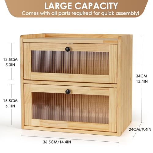 Sunhoo Bread Box for Kitchen Countertop Wooden Bread Storage Container Bin 2 Layer Breadbox Holder Large Capacity Keeper Vintage Farmhouse Food Organizer Pantry Shelf Acrylic Window（Wood color）