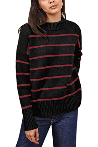 Image of Women's Sweaters Casual Long Sleeve Mock Neck Drop Shoulder Tunic Striped Pullover Knit Sweater Tops
