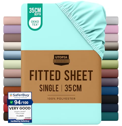 Utopia Bedding Fitted Sheet Single, Spa Blue - Deep Pocket 14 inch (35 cm) - Easy Care - OEKO-TEX Certified - Soft Brushed Microfibre Fabric - Shrinkage and Fade Resistant - Bottom Sheet