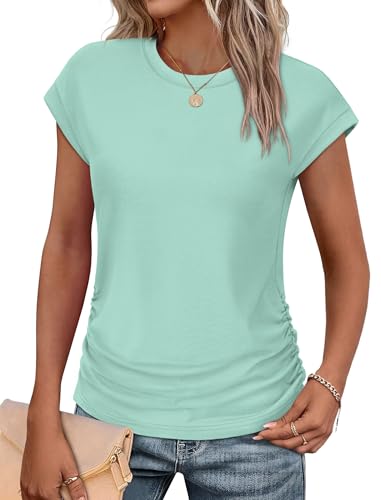SAMPEEL Cap Sleeve Tops for Women Loose Casual Dress Shirts Summer Ladies T Shirts Short Sleeve Blouses Lake Green M