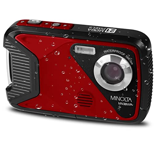 Minolta Waterproof Digital Camera - Underwater 16ft, 21MP Photos, 1080p HD Video, 2.8” LCD, 4X Digital Zoom, Anti-Shake, Face Detection, Smile Capture, Scene Modes, 16GB Memory Card (Red)