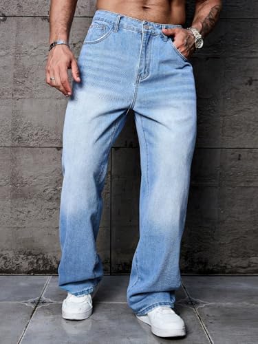 Image of AVANOVA Men's Baggy Fit Jeans- Solid Washed Denim Straight Wide-Leg | Streetwear Casual Dailywear Pants for Men | Trendy Loose-Fit Mid-Waist Denim Trousers (Jeans 247)