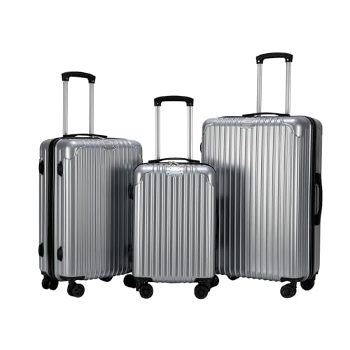 OHS Metallic Silver Suitcases Set of 3, Hardshell Luggage Sets 4 Wheels Lightweight Durable Adjustable Handles Easy to Carry - Small Case, Medium Suitcase, Large Suitcase