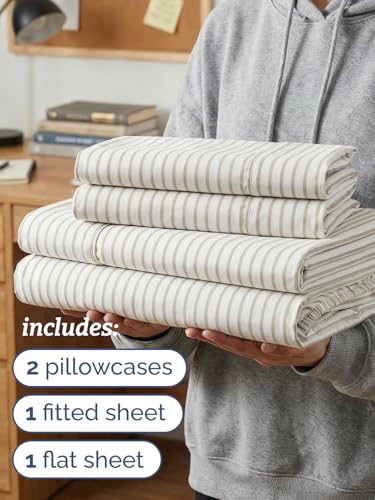 Image of Twin XL 4 Piece Sheet Set - College Dorm Room Essentials - Beige Stripes | Ultra Soft Dorm Bedding Set, 8 inch to 16 inch Inch Deep Pockets, 1 Flat & 1 Fitted Sheet & 2 Pillowcases, Wrinkle & Fade Free