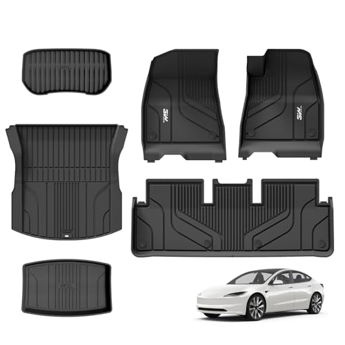 3W Floor Mats and Boot Liners Fit for Tesla Model 3 2024 2025 2026 Highland Thorex All Weather Full Set Car liners and Cargo Mats Dog Friendly Accessories Custom Fit for New Version Tesla Model 3