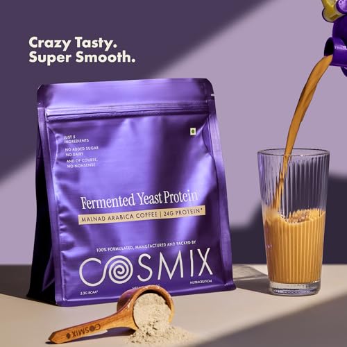 Image of Cosmix Fermented Yeast Protein Powder | 24g Protein | Pure Single-Source Plant Protein | Made In-House | Smooth, Crazy tasty & Gut-Friendly | Malnad Arabica Coffee, 1Kg Pouch