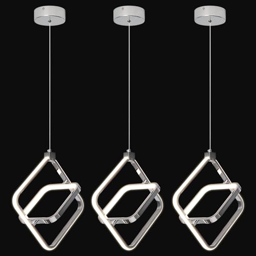 Image of Modern LED Chandelier Chrome Rectangular Pendant Light Fixtures 4000K 20W Dimmable Height Adjustable Pendant Lighting for Dining Room Kitchen Island Bedroom Living Room Foyer(3-Pack)