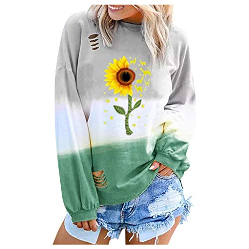 NANTE Blusa feminina solta com estampa de girassol e manga comprida, Verde, Small