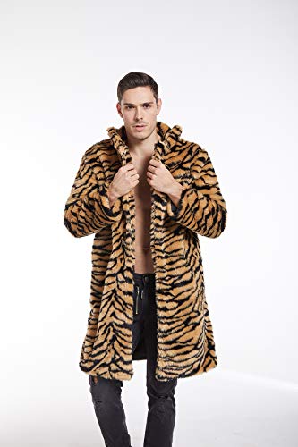 Image of UMREN Mens Warm Leopard Faux Fur Coats Jacket Long Luxury Overwear Parka Cardigans