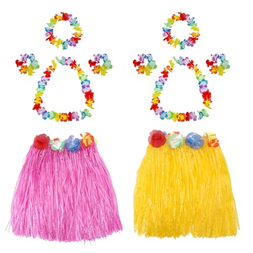 Toyhood Conjunto de 10 saias havaianas de erva hula para festa havaiana, 2 conjuntos de grinaldas de flores havaianas, bandoletes para crianças e adultos, verão, praia, festa tropical (rosa amarelo)
