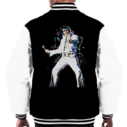 ICONS MERCH Elvis Presley Mens Varsity Jacket XL Jet Black Arctic White Bomber Sidney Maurer Artwork Professionally Printed Premium Licensed Vintage Tribute Apparel for Elvis Fans and Collectors