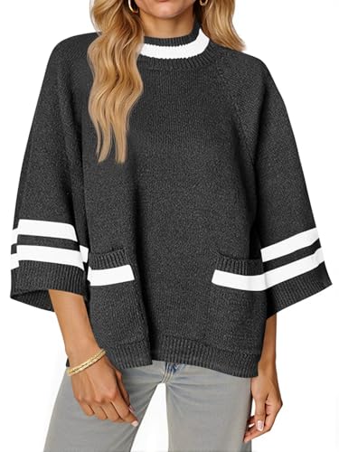 Cicy Bell Womens Oversized Sweater 3/4 Sleeve Mock Neck Color Block Chunky Knit Sweaters Casual Fall Pullover Tops