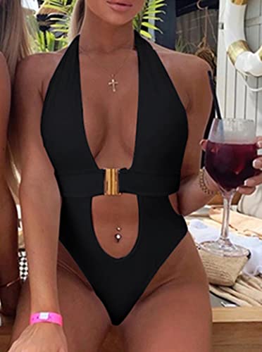 Hilinker Women's Deep V Neck Monokini Swimsuit High Cut One Piece Bathing Suit Black Small #TOP1