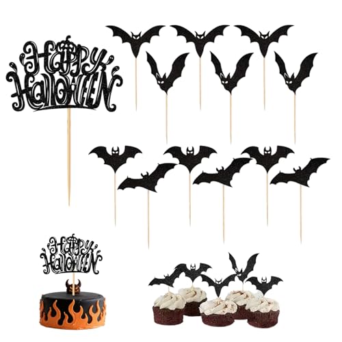 THXFUNAREA 13 Piezas Decoración Cupcake Halloween,Cake Topper,Fácil de instalar y reutilizable,Perfecto para decoraciones de postres de fiesta de Halloween(negro)