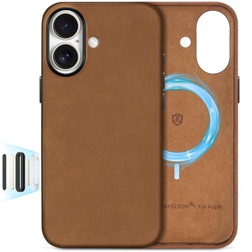 SHIELDON Funda Estándar para iPhone 16 5G, Funda de Cuero Genuino Case Standard [Carga Inalámbrica][Antirayas] Carcasa Magnética para Teléfono Compatible con iPhone 16 6.1
