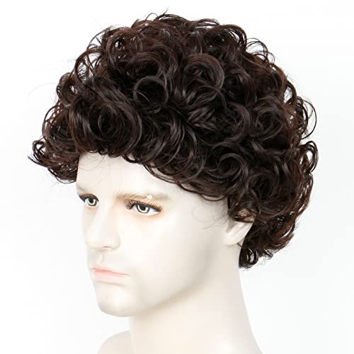 QUEENTAS Mens Wig Curly Hair Wigs for Men Short Hair Brown Wigs for Men Medium Length Synthetic Hair 70s 80s Disco Fancy Dress for Daily Use Party Halloween(Dark Brown) - Image 3