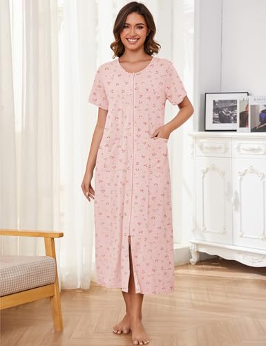 Image of Bloggerlove Zipper Front Robes for Women House Coat Half Sleeve Loungewear Long Nightgown with Pockets S-3XL