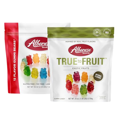 Albanese World's Best Family Share Pack, 12 Flavor Gummi Bears & True to Fruit Exotic Fruits Gummies, 36oz & 25oz Bags of Candy, Soft and Chewy Snacks