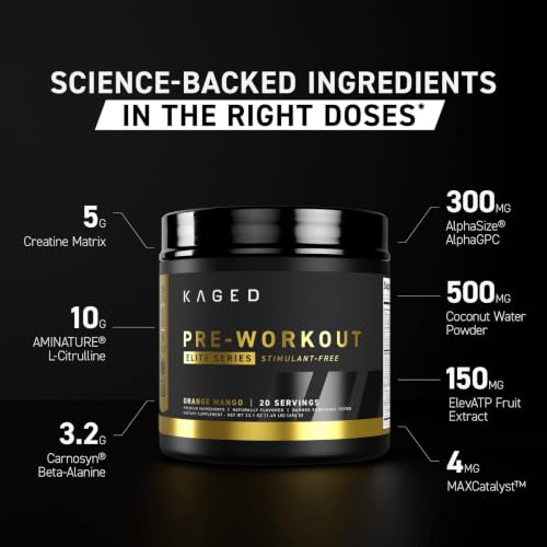 Image of Kaged Pre Workout Elite Stim Free Powder | Fruit Punch | Creatine, Beta Alanine, L-Citrulline | No Caffeine | 20 Servings