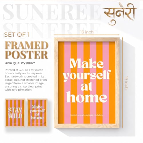 Image of Suneree Stay Wild Make Yourself At Home Wall Art Set of 2 Framed Paintings | Orange Pink Retro Typography Poster | Bedroom Living Room Home Decor (Art 8, 13x19 Inches)