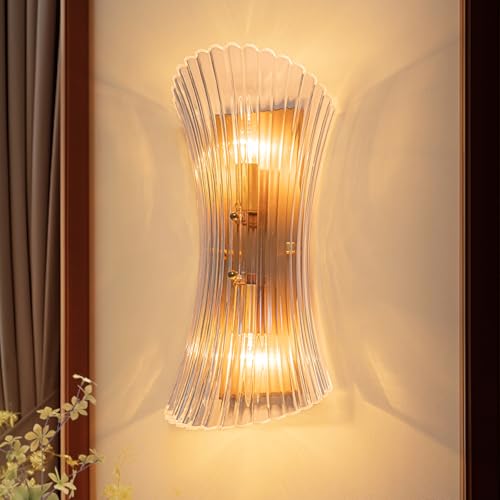 EDISLIVE Vintage Industrial 2-Light Wall Sconce, 15.35" Semi-Cut Glass Shade with Brass Finish, E12 Mid Century Modern Vanity Light for Bathroom, Hallway, Bar