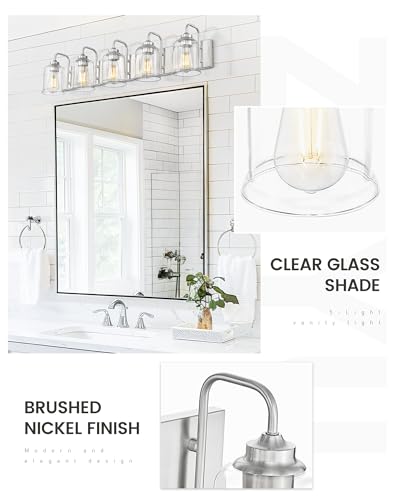 Image of zeyu 36 Inch Farmhouse Modern Bathroom Lighting Fixture, 5-Light Bathroom Vanity Light, Brushed Nickel Finish with Clear Glass Shade, ZSL72B-5W BN