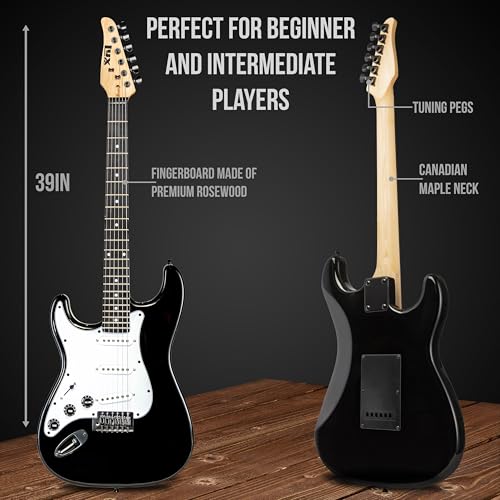 Image of LyxPro Left Hand 39 Inch Electric Guitar and Starter Kit for Lefty Full Size Beginner's Guitar, Amp, Six Strings, Two Picks, Shoulder Strap, Digital Clip On Tuner, Cable and Soft Case - Black
