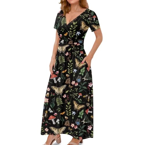 Image of Women's Fall Summer Short Sleeve Ankle Length V-Neck Party Dress with Pockets Size S-3XL
