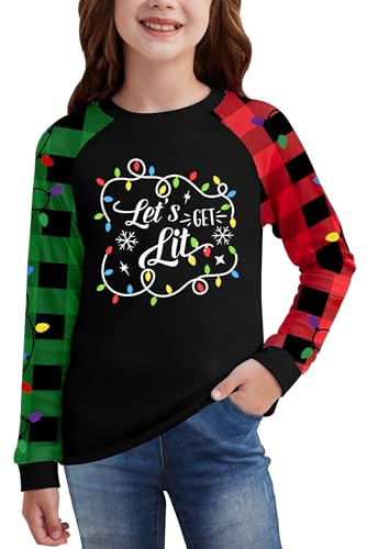 Image of BesserBay Girl's Christmas Buffalo Plaid Raglan Top Funny Holiday Graphic Shirt 4-14 Years