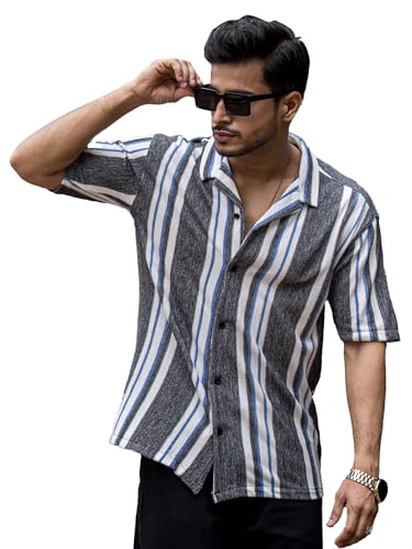 Image of Maniac Mens Striped Collar Neck Half Sleeve Jacquard Oversized Shirt