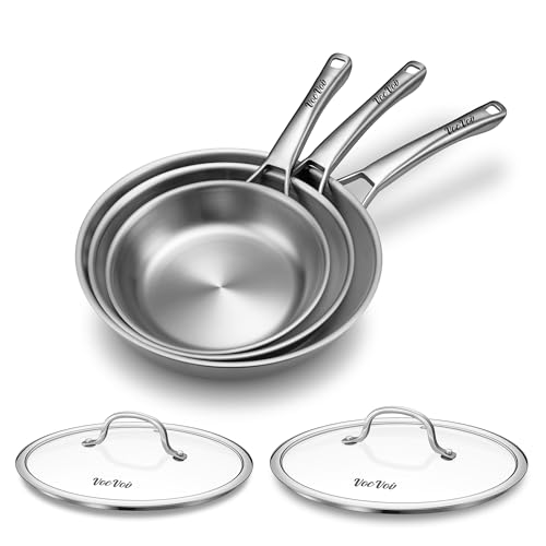 Tri-Ply Stainless Steel Frying Pans Set with Lid,PFOA&PTFE Free Skillets,Chef's Pan Set(8+10+12inch) Frying Pans for cooking,Induction Cookware Sets,Dishwasher and Oven Safe Kitchen set