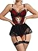 Lilosy Sexy Stocking Rhinestones Heart Garter Underwire Floral Mesh lace Sheer Babydoll Lingerie Teddy Bodysuit Skirt Set Women 2 3 Piece Push Up See Through Spire Black Red Small