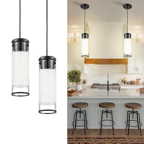 JAZAVA Cylindrical Pendant Light Fixtures, Black Hanging Lights with Frosted Glass for Kitchen Island Dining Room Bedroom Hallway Foyer (2 Pack), PL107BK-2PK