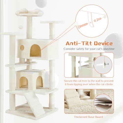 Image of Sweetcrispy 54 Inch Cats Tree Tower, Multi-Level with Scratching Post, Indoor Cat Tree Condo with Climbing Ladder, Plush Toy, Play House for Kittens, Beige