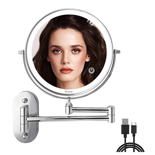 Auxmir Espejo Maquillaje Pared con Luz, Espejo Aumento 1X/10X Doble Cara 360 Giratorio, Espejo Táctil Recargable USB para Baño, Luz Ajustable 3 Colores, Plata