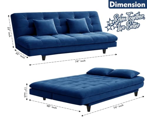 Image of Rosebell Modern Wooden 3-Seater Sofa Cum Bed Foldable Velevt Fabric Sofa for Living Room, Guest Room & Office-Blue-Color
