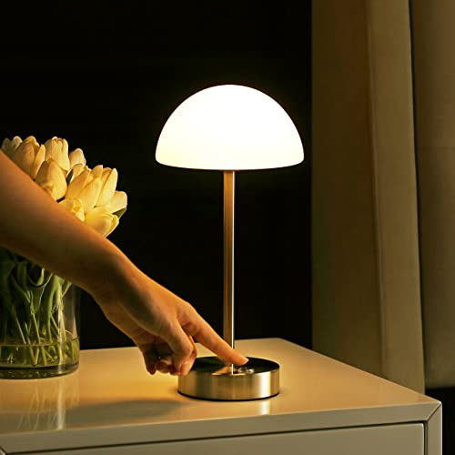 Image of JONATHAN Y Xavier 12.5 inch Metal Cordless LED Table Lamp, Nickel | Rechargeable, Dimmable Touch Sensor, White Frosted Glass Dome, Portable Minimalist Accent Light, Integrated Bulb Included