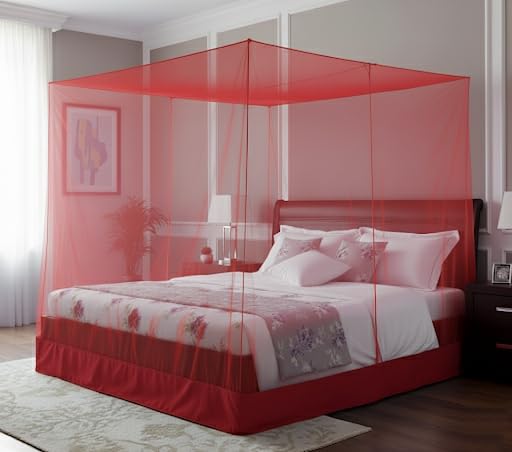 MEHON CRAFT Mosquito Net for Double Bed & Queen Size Bed Polyester Machardani Net Strong & Breathable Meterial | Easy Setup, Lightweight, Portable (Size 5x7-feet) (Red, Double Bed)