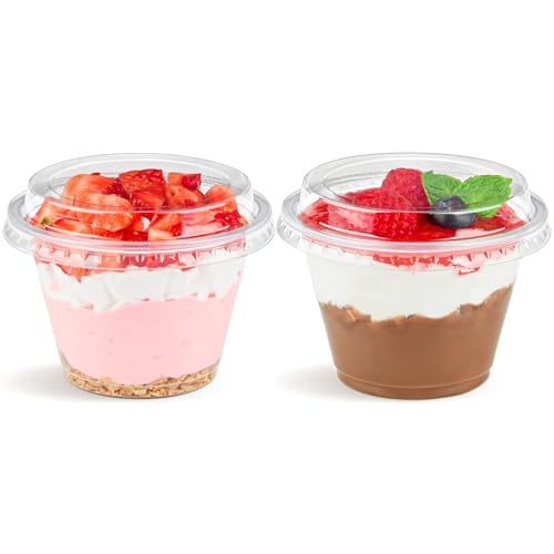 Qeirudu 50 Pack 6 Oz Plastic Dessert Cups with Lids Small Clear Parfait Cups Mini Plastic Cups with Lids for Cakes Puddings Fruits Ice Creams Dessert Shot Glasses