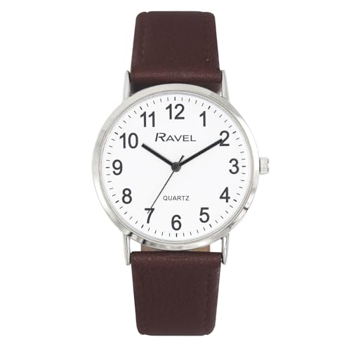 Ravel - Unisex Classic Alltagsuhr mit modernen Zahlen - Analoges Quarzwerk - R0129.21.1 - Braun/Silberton/Weißes Zifferblatt mit Zahlen