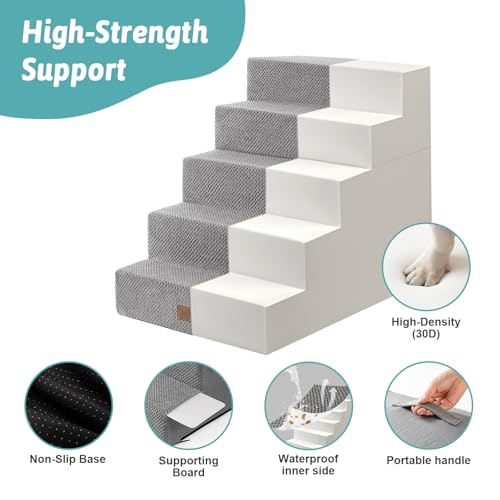 Image of COZY KISS Dog Stairs for Small Dogs, 5 Step Pet Stairs for Beds & Couches | 23.6 inch H Wide Non-Slip Dog Steps with Removable Tiers & Support Board for Puppies, Older Cats & Dogs, Grey