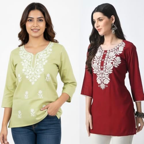 Image of Women's Rayon Kashmiri Embroidered Short Kurti | Stylish and Comfortable Kashmiri Short Kurti Tops for Casual Or Special Occasions | Pack of 2 Combo |