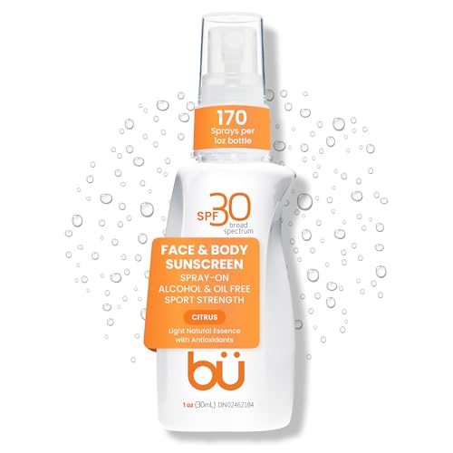 BU SPF 30 Sunscreen Spray for Face and Body, Non Aerosol Spray, Clear, Non Greasy, Oil Free, Water Resistant, TSA Travel Size, Natural Citrus 1 oz