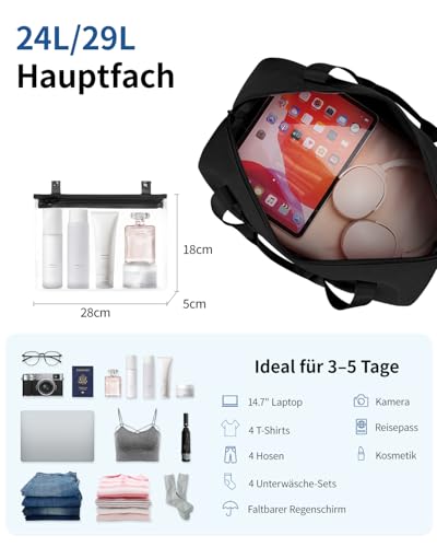 ECOHUB Erweiterbare Ryanair Handgepäck 40x30x20, Handgepäck Tasche 40x20x25 Mit Abnehmbar Nass-Tasche für Flugzeug, Recycelt Reisetasche Handgepäck, Weekender Damen Herren, Patent Anhängig(Schwarz)