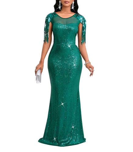 Image of Cololura Sexy Sequin Tassel Mesh Perspective Party Cocktail Bodycon Evening Club Maxi Dress