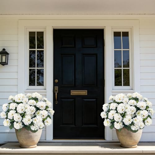 Image of Bassion Artificial Flowers for Outdoors, 6 Pcs White Fake Geraniums | UV resistant, silk flowers, realistic artificial geraniums, planter window box balcony outdoor garden outside decoration