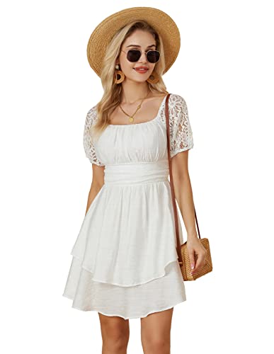 Damen Weiß Kleid Spitze Kurzarm Cocktailkleid A-Linie Elastische Taille...